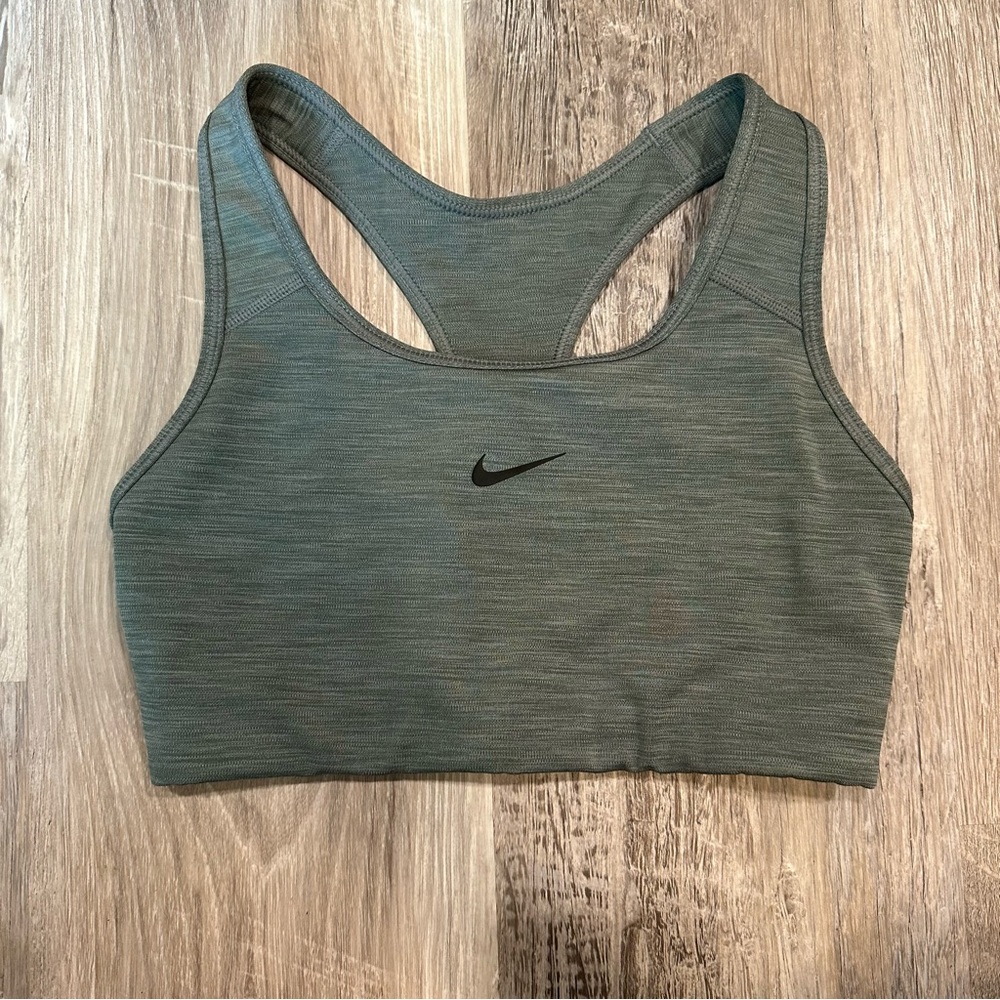 Small smoke grey Nike Women's Pro Swoosh Support Sports Bra black swoosh
